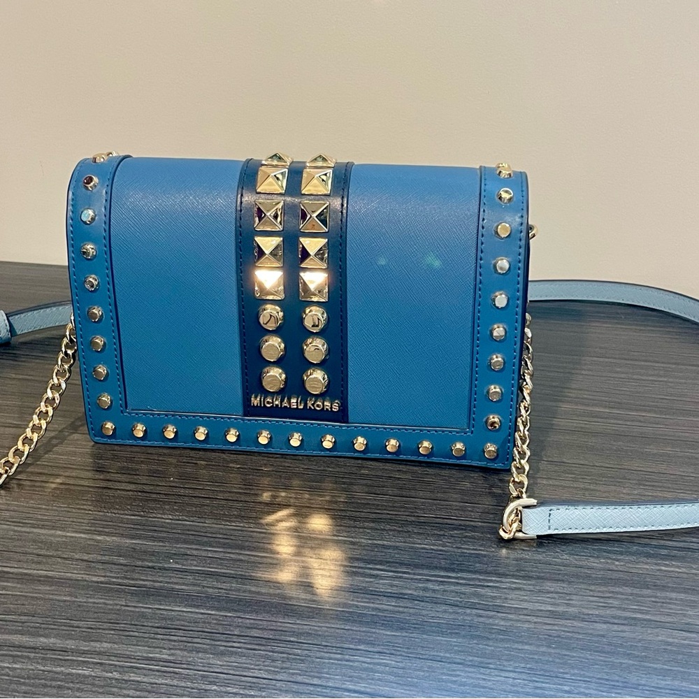 Michael Kors Blue and Gold Crossbody Bag with Studded Accents